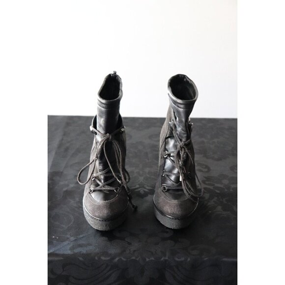 Moncler Women's Size 37 Black Wedge Boots Suede Lace Up Mid-Calf Round Toe Shoes - Picture 4 of 9